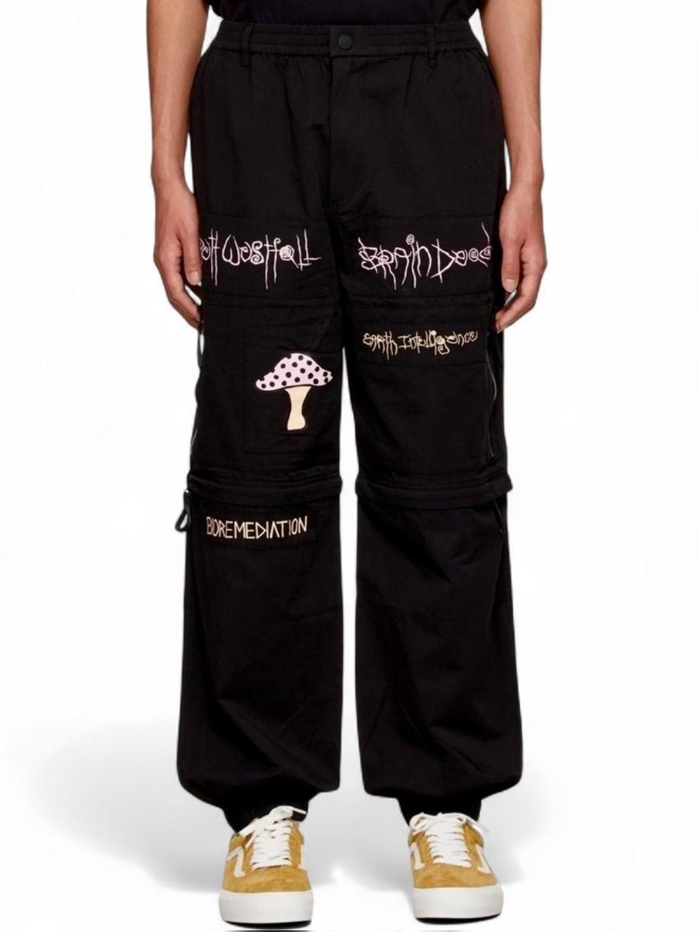 Brain Dead Black Cargo Pants with Pink Mushroom Graphic